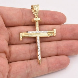 2 1/4&quot; Screw Nail Cross Charm Pendant Diamond Cut Real 10K Yellow White Gold