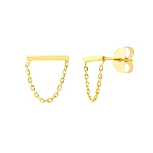 Small Bar and Drape Chain Stud Earring Real 14K Yellow Gold