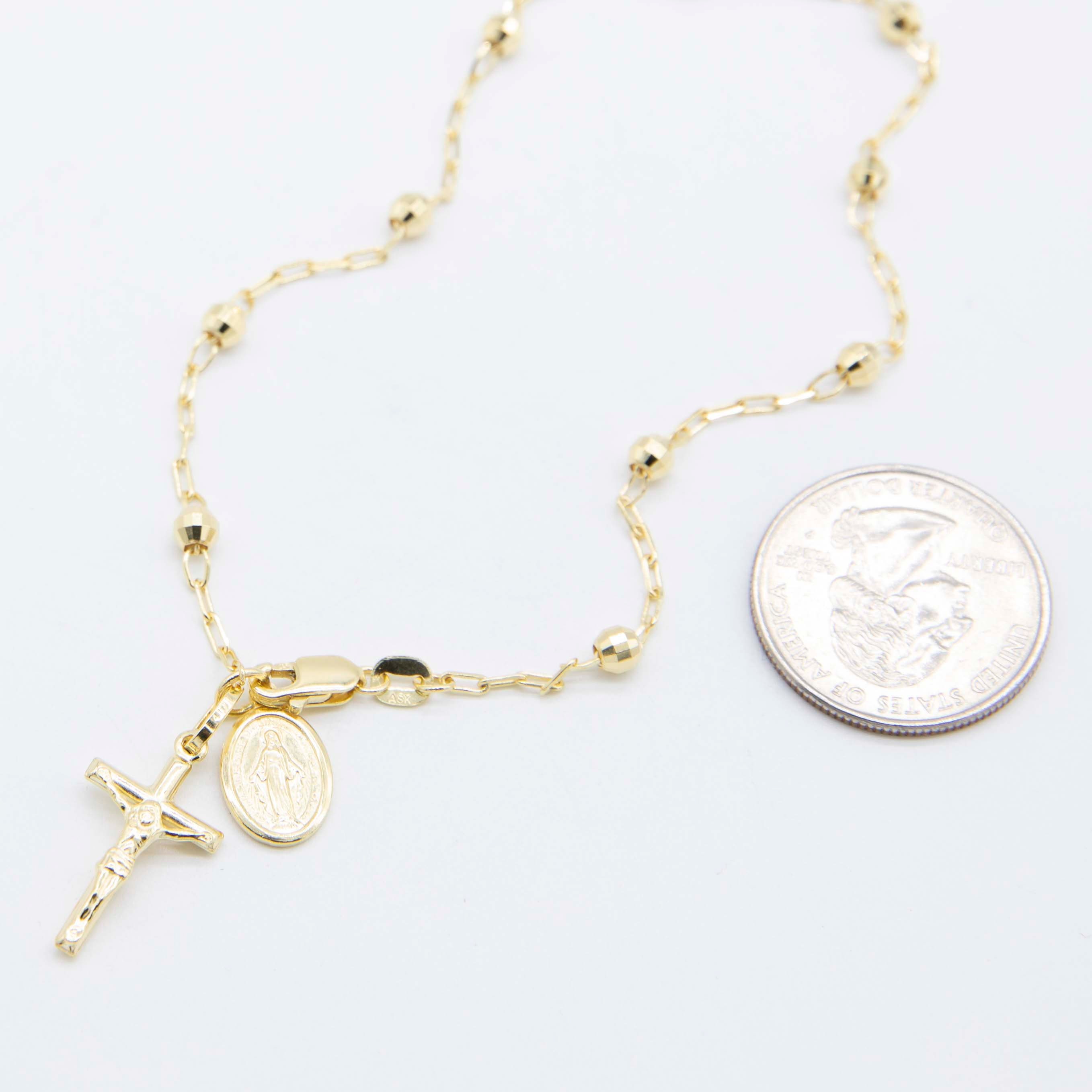 Diamond-cut Rosary Cross Virgin Mary Anklet Real 10K Yellow Gold