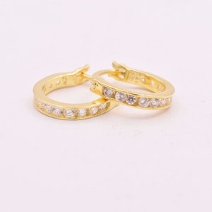 Channel Set Diamonique CZ Hoop Earrings 14K Yellow Gold Over Real 925 Silver