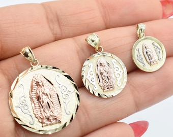 Texturerat Nuestra Señora de Guadalupe Medaljonghänge äkta 10K gult roséguld