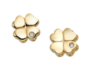 Aros pequeños con forma de trébol de la suerte y diamantes de 0,01 ct en oro amarillo auténtico de 14 quilates