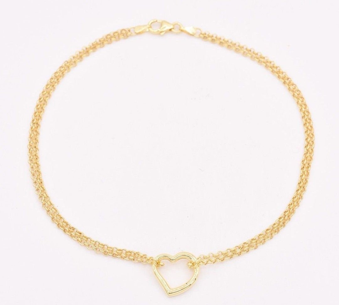 thumbnail image 2 of 10K Yellow Gold Open Shiny Heart Anklet – 10 Inch Double Rolo Chain – Goldum NYC 2 of 3
