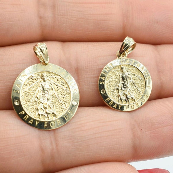 Diamond Cut "Pray for Us" Saint Lazarus Medallion Pendant Real 10K Yellow Gold