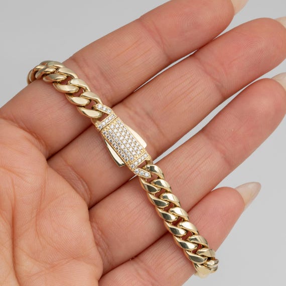7.5mm Miami Cuban Link Chain Bracelet Box Lock Real 14K Yellow