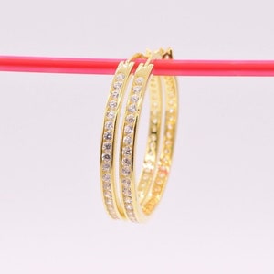 1.35" Channel Set Diamonique CZ Hoop Earrings 14K Yellow Gold Clad Real Silver