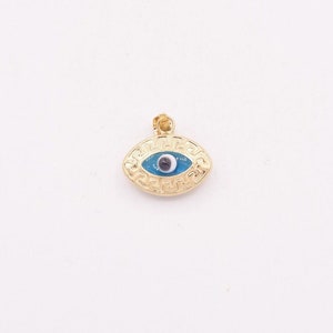3D Oval Blue Textured Greek Evil Eye Good Luck Charm Pendant 14K Yellow Gold