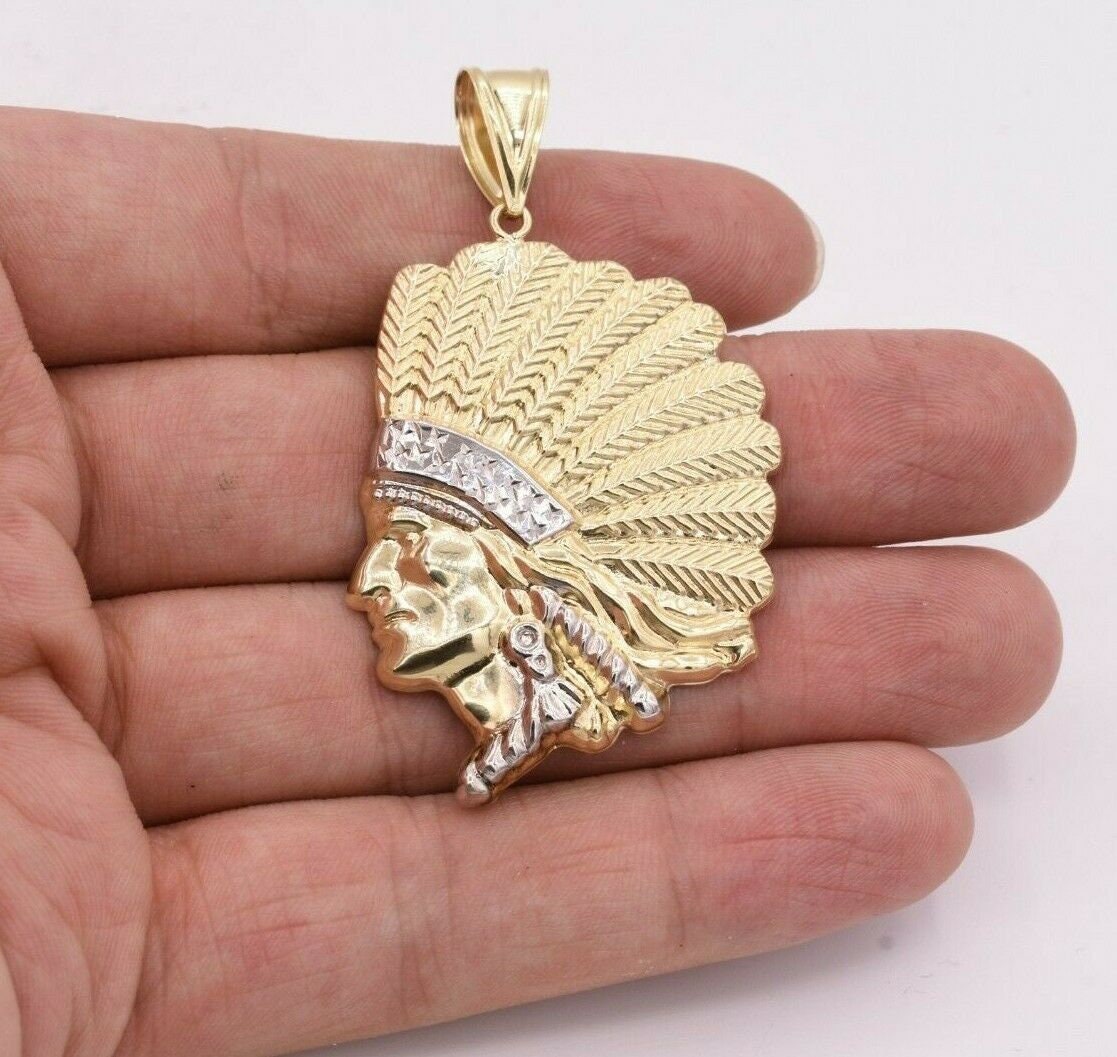 Genuine 10K Yellow & White Gold Native American Indian Chief Head Pendant - Real Gold Jewelry