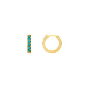 10mm Huggie with Genuine Turquoise Hoop Earrings Real 14K Yellow Gold 1.35 grams