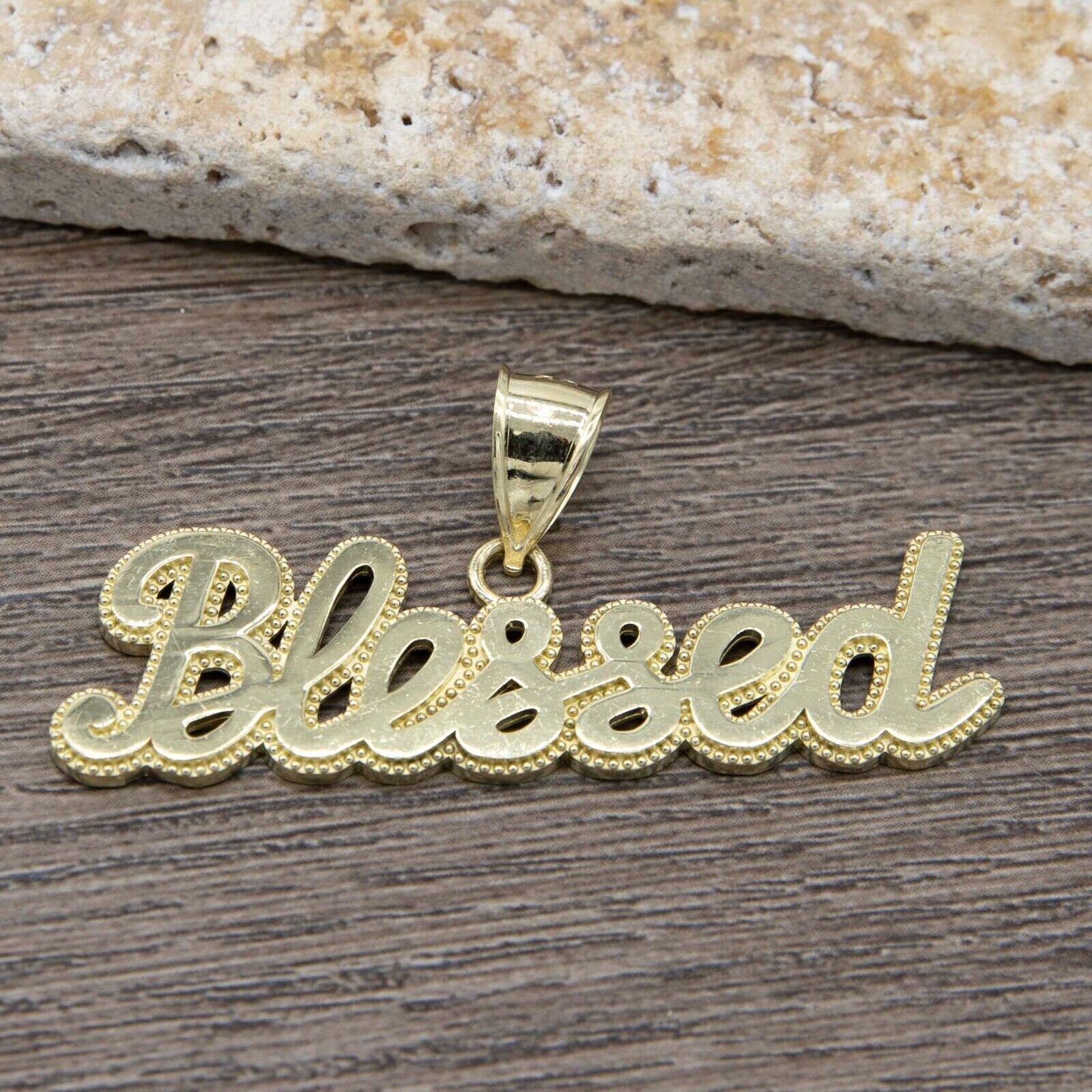 Blessed Script Bead Frame Pendant Real Solid 10K Yellow Gold - All ...