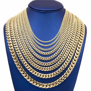 Collar con cadena de eslabones cubanos auténticos de Miami en oro amarillo de 10 quilates, todos los tamaños