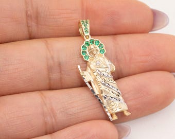 Colgante de San Judas de 1 1/2" con halo en oro amarillo y blanco auténtico de 10 quilates