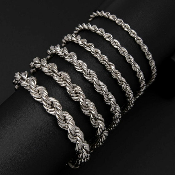 Sterling Silver 925 Rhodium Rope Chain Bracelet Hollow Sterling