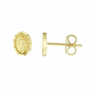 5/16&quot; Virgin Mary Stud Earrings Real 14K Yellow Gold 1.1gr
