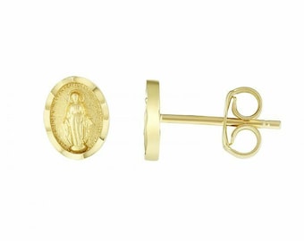 5/16" Virgin Mary Stud Earrings Real 14K Yellow Gold 1.1gr