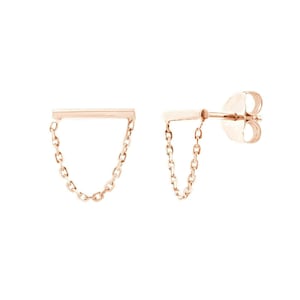 Small Bar and Drape Chain Stud Earring Real 14K Rose Gold