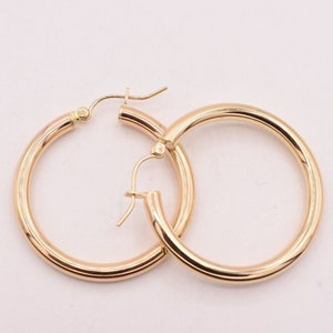 1.25&quot; 3mm X 30mm Plain Shiny Hoop Earrings Real 14K Yellow Gold