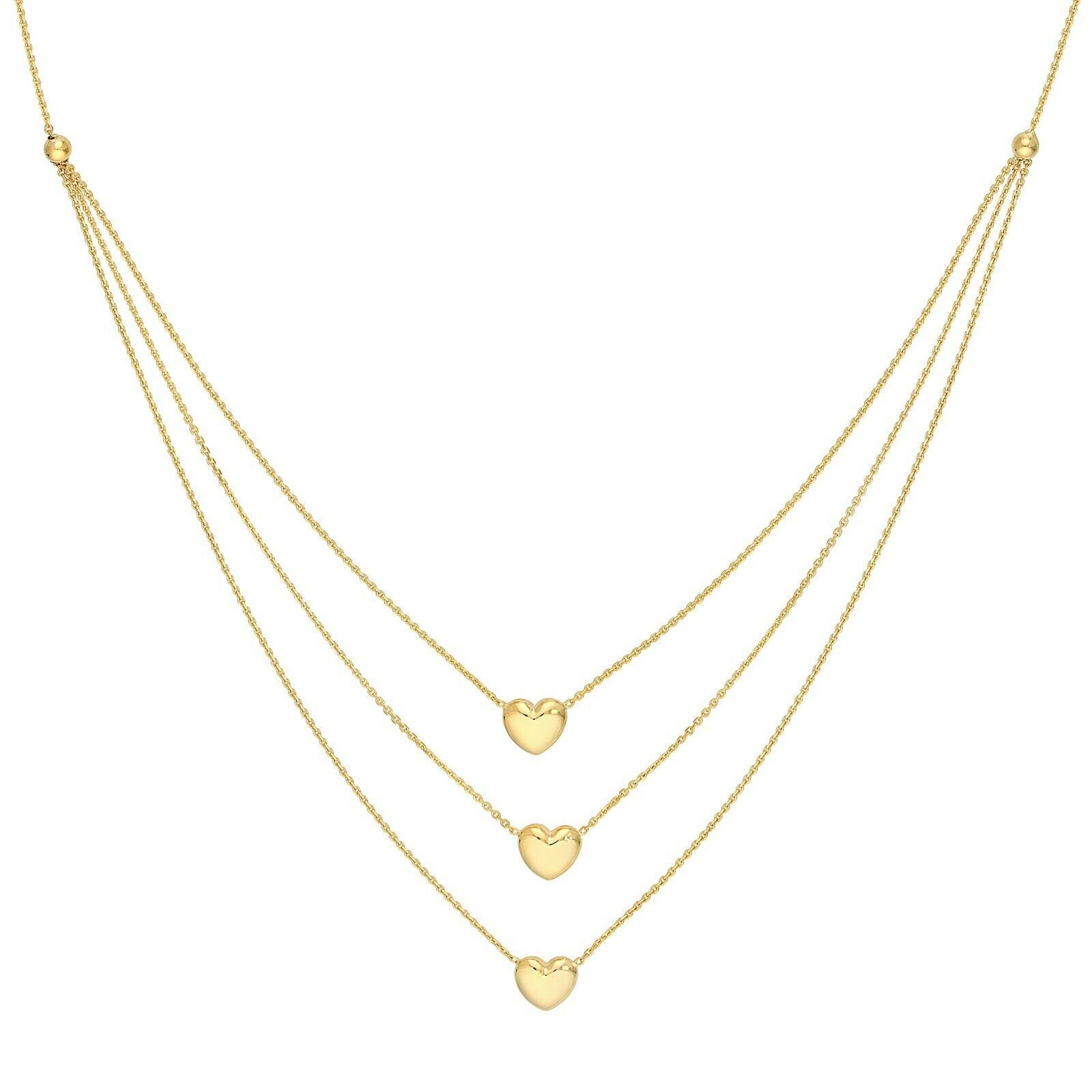 Adjustable Triple Strand Puffed Heart Chain Necklace Real 14K Yellow ...