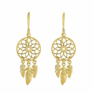 1 1/4&quot; Dreamcatcher Drop Earrings Real 14K Yellow Gold 1.8gr