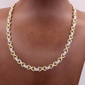 Diamond Cut Hearts & Kisses Two-Tone Chain Necklace Real 10K Yellow White Gold