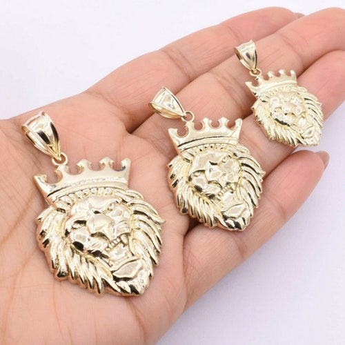 10k Yellow Gold Lion Crown Head Charm Pendant For Women Unique 10K