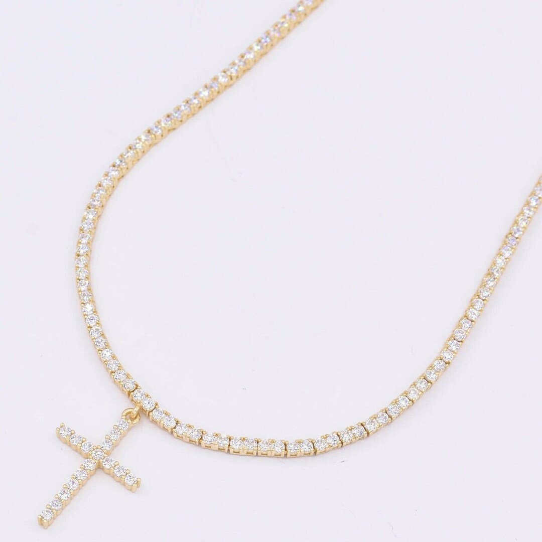 2mm Rundschliff Tennis Kette Halskette Baumeln Kreuz Gelb Echt Sterling