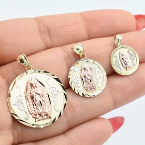 Colgante texturizado con medallón de Nuestra Señora de Guadalupe, oro blanco rosa amarillo real de 10 quilates