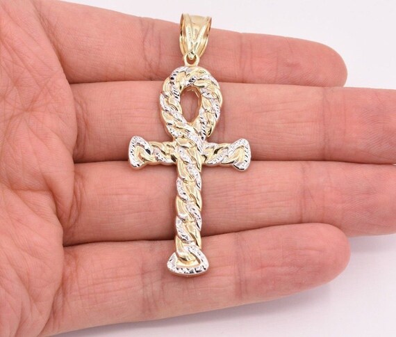 10K Yellow & White Gold Huge Ankh Cross Pendant - Diamond Cut, No Stone, Real Gold Charm For Men & Women