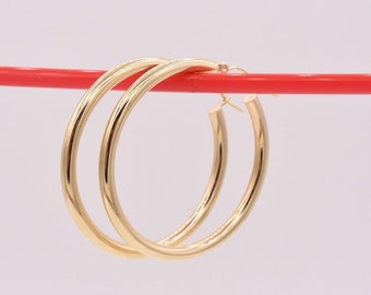 1 1/2" 3mm X 40mm Large Plain Shiny Hoop Earrings REAL Hollow 10K Yellow Gold