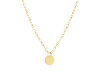 8mm Dangle Disk with 1.7mm Paperclip Chain Necklace Real 14K Yellow Gold 18"