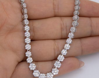 Graduated Round-Cut CZ Flower Cluster Tennis Chain Necklace Sterling Silver 925