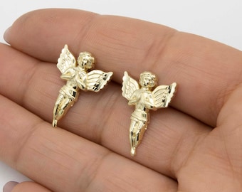 7/8" Diamond Cut Praying Angel Stud Earrings Real Solid 10K Yellow Gold