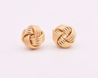 Italian Love Knot Rosetta Textured Stud Earrings Solid 14K All Yellow Gold 9mm