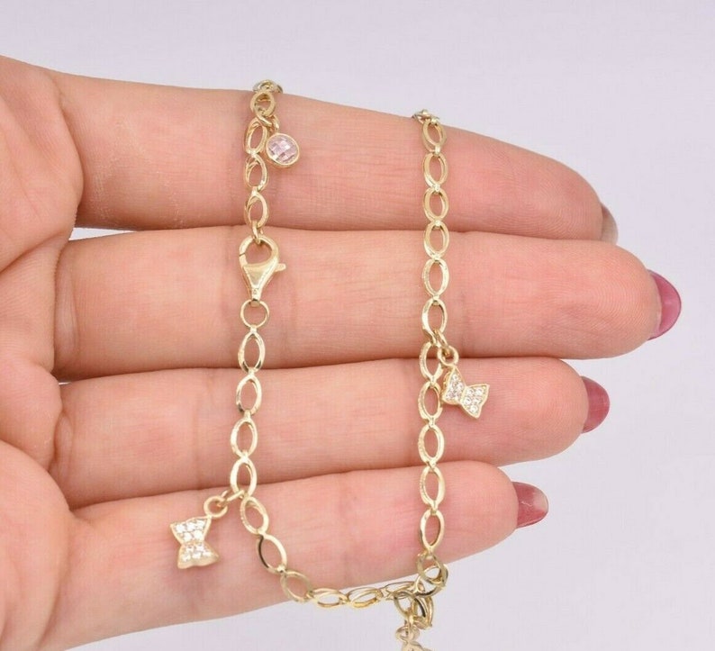 Butterfly CZ Charm Anklet Chain Real 10K Yellow Gold 10