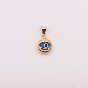 3D Ocean Blue Evil Eye Good Luck Round Charm Pendant Real 14K Yellow Gold