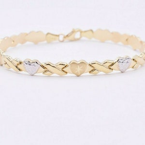 Diamond-Cut Hearts & Kisses Stampato Bracelet Real 10K Yellow White Gold 7.5"