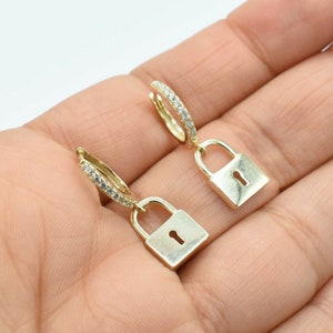 1&quot; Lock Dangle with CZ Hoop Earrings 14K Yellow Gold Clad Silver 925
