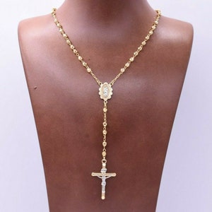 4mm Diamond Cut Cross Rosary Crucifix Chain Necklace Real 10K Yellow Gold