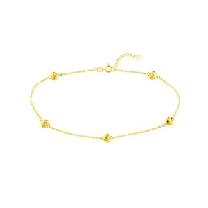 Adjustable Puffed Heart Station Ankle Anklet Chain REAL 14K Yellow Gold 10&quot;