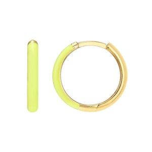 7/16" 11mmx2mm Neon Yellow Enamel Hoop Earrings Real 14K Yellow Gold