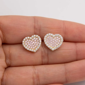 Pink Heart Stud Earrings Real 10K Yellow Gold