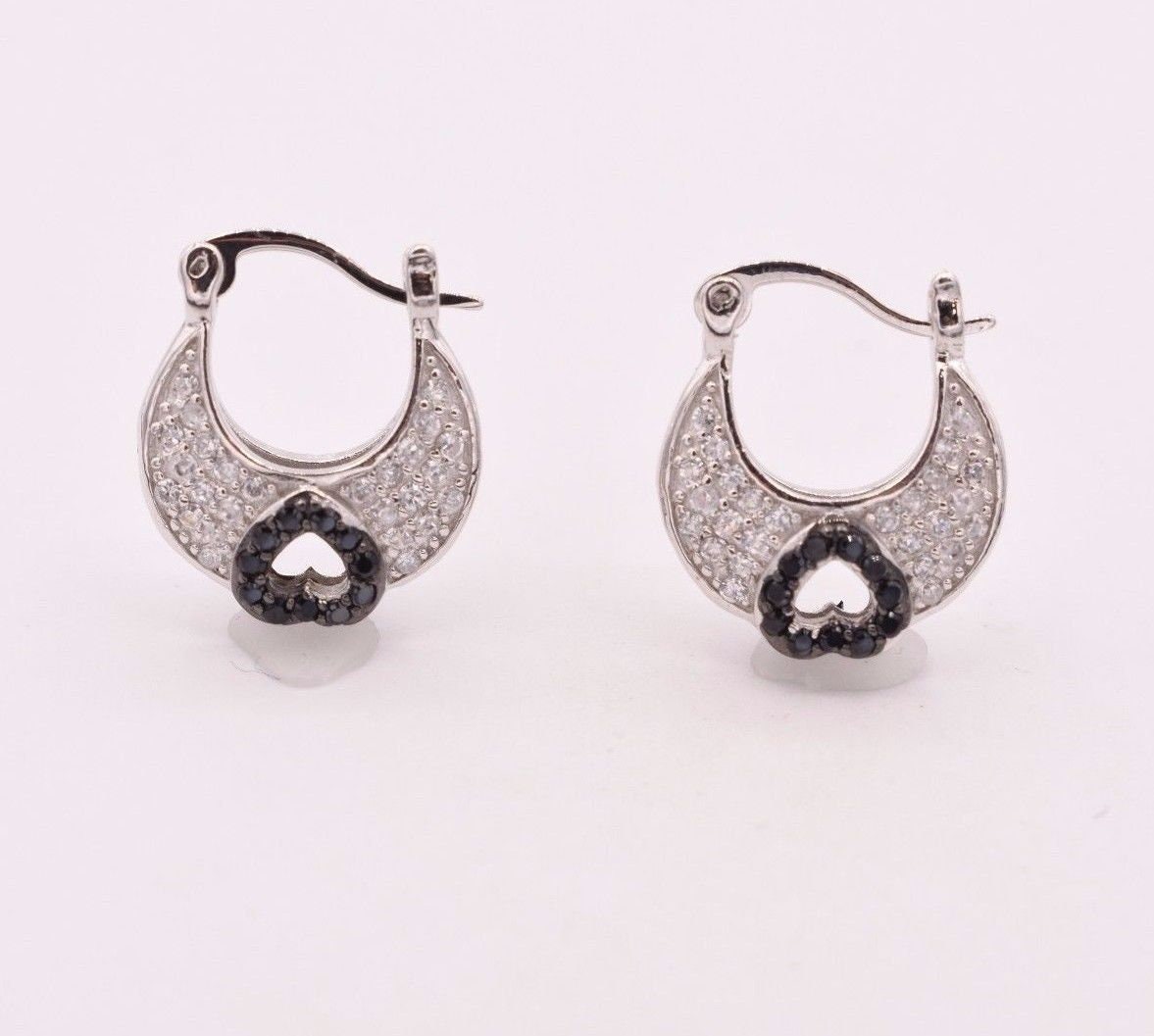 Heart & Bag Clear White and Black CZ Hoop Earrings Real