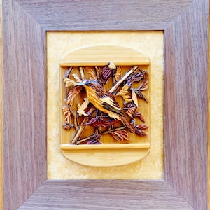 Vogel met lieveheersbeestjes -13 x 15 x 3 inch-marqueterie, valentijnscadeau, houtsnijkunst, woonkamerinrichting, kantoorinrichting-3D handgemaakte kunst