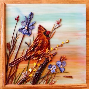 Cardinal, 15x15x2,5-Fine Art-Zoll-Muttertagsgeschenk--Valentinsgeschenk-Valentinstaggeschenk-Wohnzimmerdekor, Holzschnitzerei-Kunst, 3D-Kunst