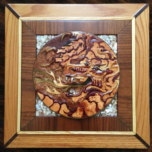 Draak 16 x 16 x 2 inch-marqueterie-houtsnijwerk-woondecoratie, nMoederdagcadeau, valentijnscadeau woonkamerinrichting, kantoorinrichting-3D handgemaakte kunst