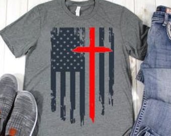 American Flag Cross unisex graphic tee for Fourth of July - Independence Day - God Bless America - Christian Patriotic Tshirt for women