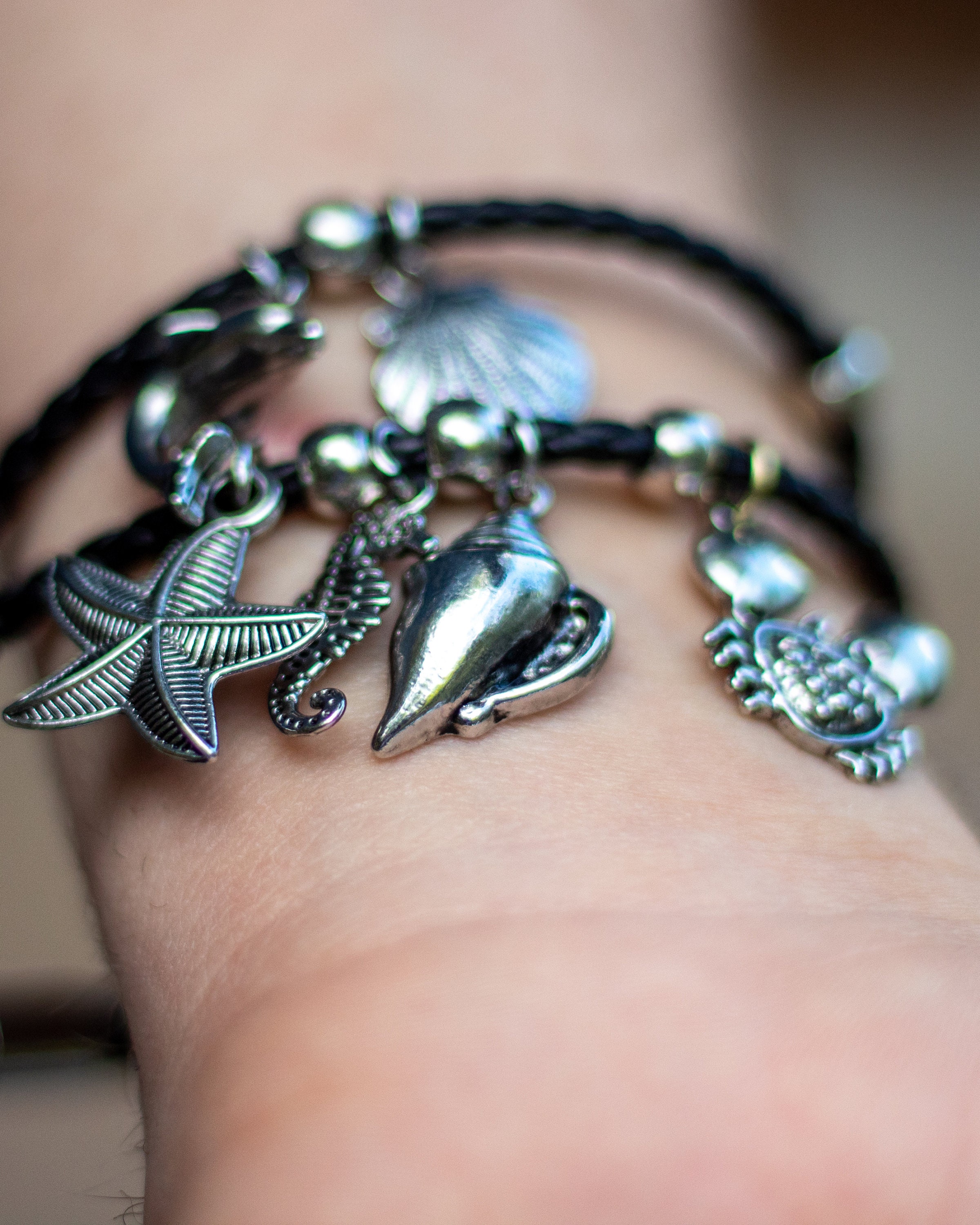 Black leather charm bracelet Silver charms Ocean Beach | Etsy