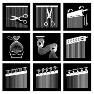 May include: A set of nine illustrations showing different ways to hang curtains. The illustrations show how to cut the curtains, how to hang them on a rod, and how to use different types of curtain hooks.