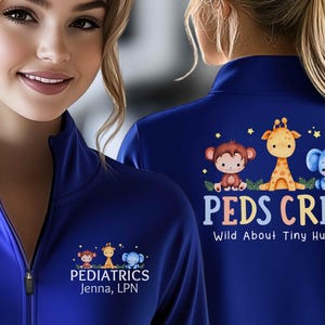 Personalized Pediatric Nurse Jacket | Safari Animal Zip Up RN Jacket | Fleece Lined Peds Jacket | Graduation Gift, Nursing Student, LPN