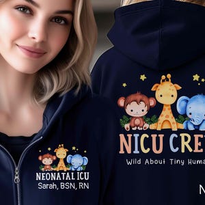 Personalized NICU Nurse Jacket | Safari Animals | Neonatal Intensive Care Full-Zip Monogram Sweatshirt | Nurse Gift, LPN, Tech, Therapist